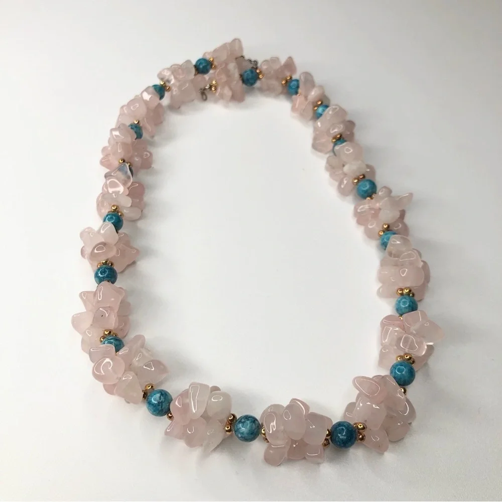 Vintage Chunky Rose Quartz & Turquoise Stone Necklace - Picture 1 of 4